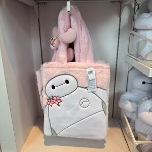 Disney Parks Pink Baymax Cherry Blossom Sakura Furry Plush Tote Shopping Bag